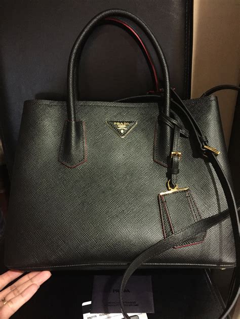 prada saffiano cuir double bag strap black red tote|prada saffiano tote used.